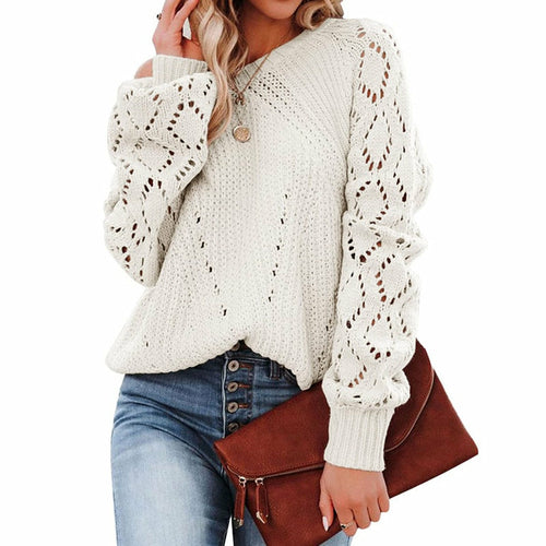Lantern Sleeve Knitted Sweater Woman Autumn Winter Hollow Out Sweater